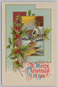 Holiday~Merry Christmas~Waterwheel Scene & Mistletoe & Holly~Vintage Postcard
