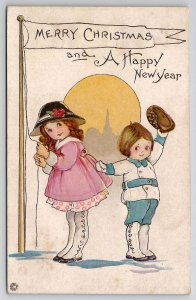 Christmas Children Raise Pennant Girl Pink Dress Boy Happy New Year Postcard U26