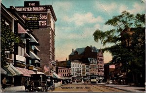 Postcard Horse Pulled Wagon and Trolley on Broadway in Detroit, Michigan