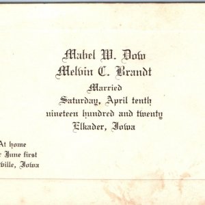 1920 Elkader, Iowa Marriage Card Mabel Dow Mevin Brandt Antique Postville IA C31