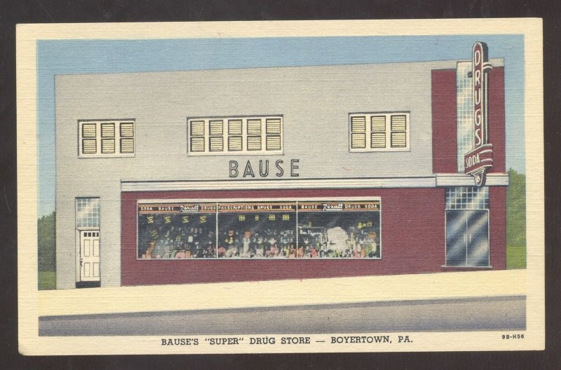 BOYERSTOWN PENNSYLVANIA PA. BAUSE DRUG STORE LINEN ADVERTISING POSTCARD