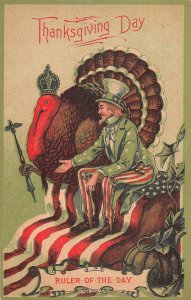 Thanksgiving Greetings Uncle Sam with Giant Turkey Patriotic Postcard AA52109