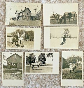 Seven RPPCs Farmhouse Horses Children Buggy Barn Snow in Boon, Michigan~131561