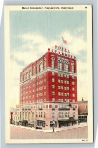 Hagerstown MD, Historic Hotel Alexander Clock Flag Linen Maryland c1949 Postcard