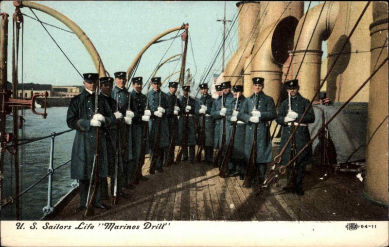 US Navy Sailors Life Marines Drill Guns on Ship Pre-WWI Postcard c1907