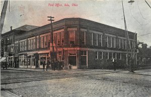 G7/ Ada Ohio Postcard 1908 Post Office Block Stores Railroad