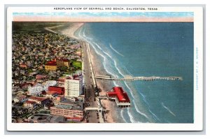 Aerial View Beach and Seawall Galveston Texas TX UNP Linen Postcard V9