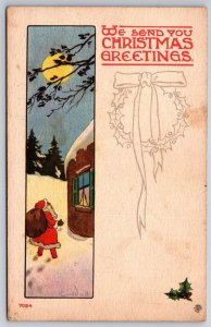 Art Deco Santa Claus Full Moon Christmas Blessings UNP DB Postcard K9