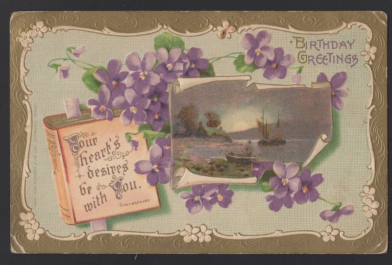 Birthday Greetings with Lake Scene boat and flowers embossed pm1913 ~ DB