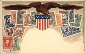 Patriotic American Eagle US Postage Stamps Printed on c1900 Postcard