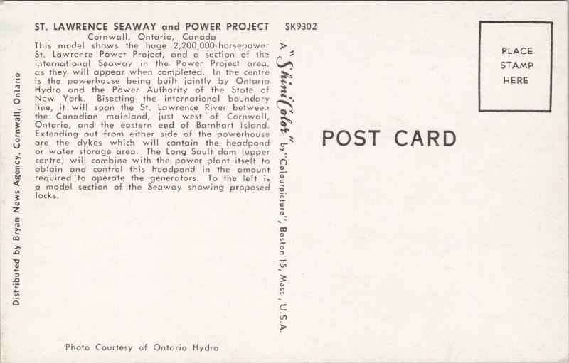 Cornwall Ontario St. Lawrence Seaway Power Project Illustration Map Postcard G65