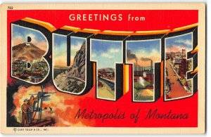 BUTTE, MONTANA Large Letter Linen Postcard, Curteich 1941 - Mining, Railroad