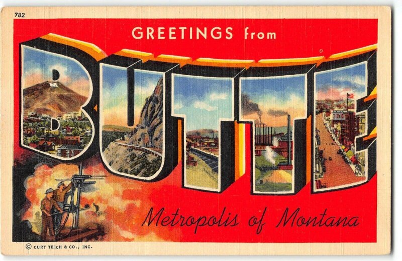 BUTTE, MONTANA Large Letter Linen Postcard, Curteich 1941 - Mining, Railroad