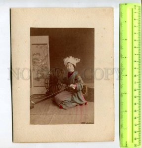294427 JAPAN girl spinning & town view 1850-1860 years two tinted photos
