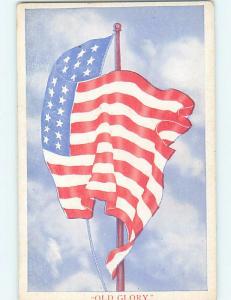 Pre-Linen patriotic OLD GLORY - USA AMERICAN FLAG WAVING ON FLAGPOLE HL7196@