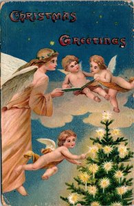 Angels Cherubs Tree Candles Christmas embossed Postcard