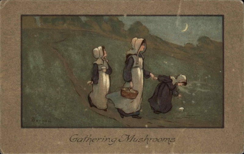 Barham Folk Art Pilgrim Women Gathering Mushrooms c1910 Vintage Postcard