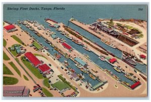 c1940 Shrimp Fleet Docks Aerial View Ships Ferry Boats Tampa Florida FL Postcard 