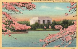 Vintage Postcard 1949 Lincoln Memorial and Cherry Blossoms Washington D.C.