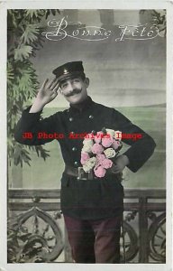 Bonne Fete, Tinted RPPC, French Soldier Holding Roses, Happy Birthday