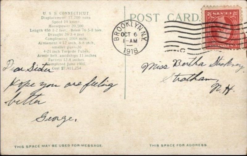 US Navy acorazado USS Connecticut Bandera Americana Emblema 1918 Postal 