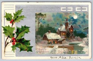 A Merry Christmas, Holly, Rural Winter Scene, Antique 1906 Embossed UDB Postcard