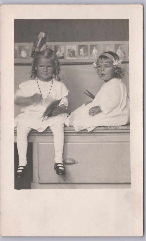 RPPC-Belleville, Wis., 2 cute girls in white dresses-Mona & Geneva