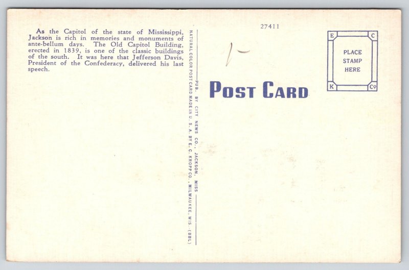 Jackson MS~Capitol St East View~Old Capitol Bldg~Buffet Sign~Linen Postcard