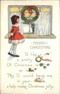 CHRISTMAS Little Girl Looks at Kitten Through Window c1910 Postcard