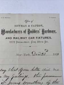 1873 Newman & Capron Railway Car Fixtures Letterhead Handwritten Personal Letter