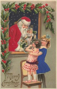 Merry Christmas Embossed Red Suited Santa Claus Doll in Auto Postcard