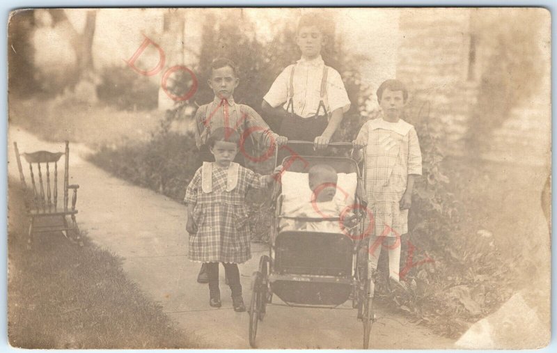 1919 Cute Children Outdoor RPPC Allwin Baby Stroller Real Photo Tarlton OH A140