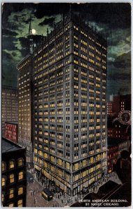 VINTAGE POSTCARD NORTH AMERICAN BUILDING BY NIGHT CHICAGO ILLINOIS 1915