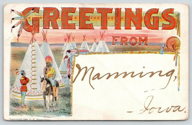 Manning IowaIndian Headdress Large Letter GreetingsEmbossedGold Fontc1908