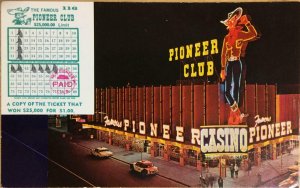 PIONEER CLUB Las Vegas, NV Night Scene Neon Cowboy Sign c1960s Vintage Postcard