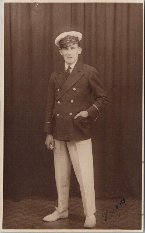 Portrait of Man Navy ? Military Hat RPPC Banfield Studios Mumbles Postcard F63