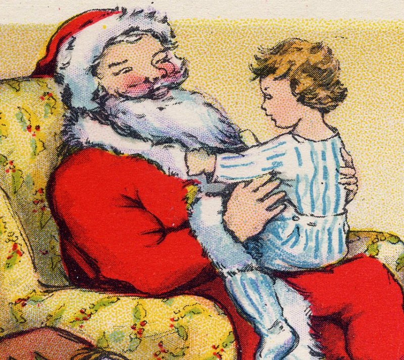 Christmas~SANTA SEATED IN OVERSTUFFED CHAIR w/ CHILD~TOYS~Antique Postcard~BLANK