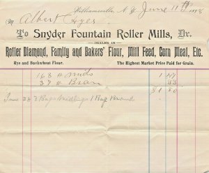 WILLIAMSVILLE NY~SNYDER FOUNTAIN ROLLER MILLS~ROLLER DIAMOND-FLOUR~1898 BILLHEAD