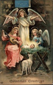EAS Christmas Angels Play Lute for Baby Jesus Christ c1910 Vintage Postcard