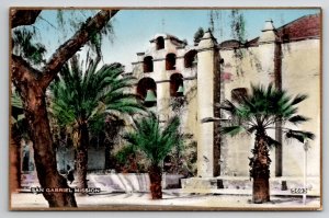 San Gabriel Mission CA Fred Martin Hand Colored Gilded Photo Postcard I30