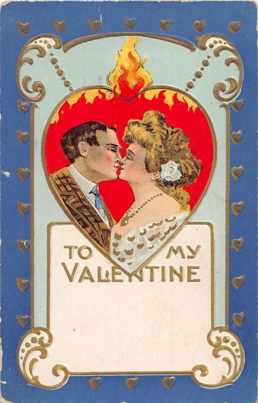 F4/ Valentine's Day Love Holiday Postcard c1910 KISS Flaming Heart 19