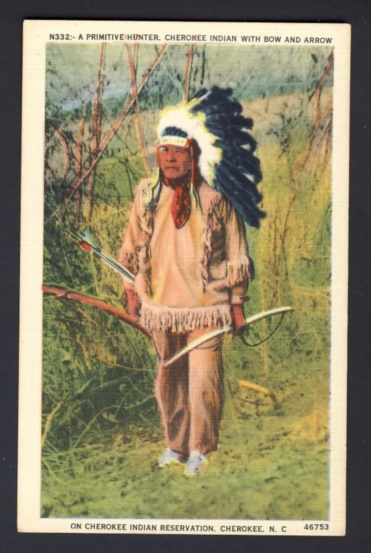 Native American N332 A Primitive Hunter, Cherokee Indian with bow and arrow