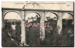 Old Postcard Culan Railroad and road of Montlucon Castle and church