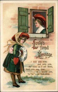 Valentine Girl Visits Boy in Window Int'l Art c1910 Vintage Postcard