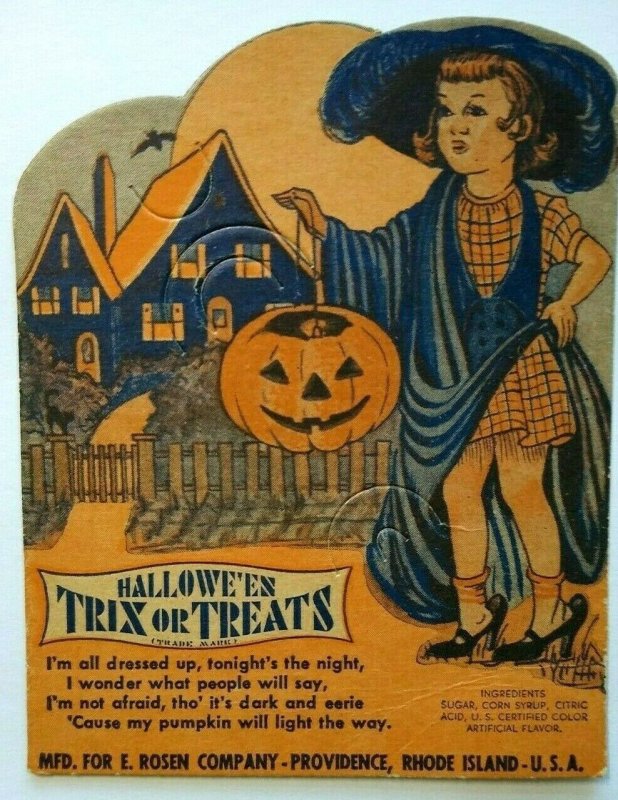 Halloween Girl Diecut Lollypop Candy Sucker Card E Rosen Original Unused Vintage