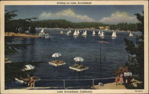 Lake Arrowhead California CA Sailboats Dock Bathing Linen Vintage Postcard