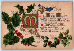 Algona Iowa IA Postcard New Year Message Holly Berries Embossed 1910 Antique