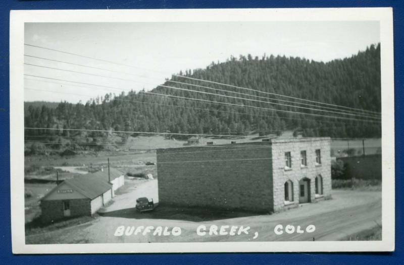 Buffalo Creek old autos buildings depot? real photo postcard RPPC