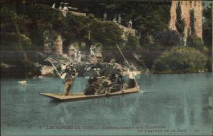 Raft Ferry boat Tourists Gorges du Tarn Chateau De La Caze c1920 Postcard