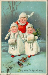 Postcard Christmas Greetings Children in Fur Coats and Furry Hand Muffs 1913 M38